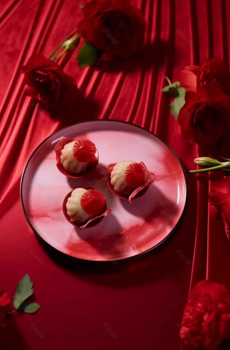 红色背景的花开富贵面食点心福袋和酒杯,高清,摄影图,摄影图片,图片大全,摄影图免费下载